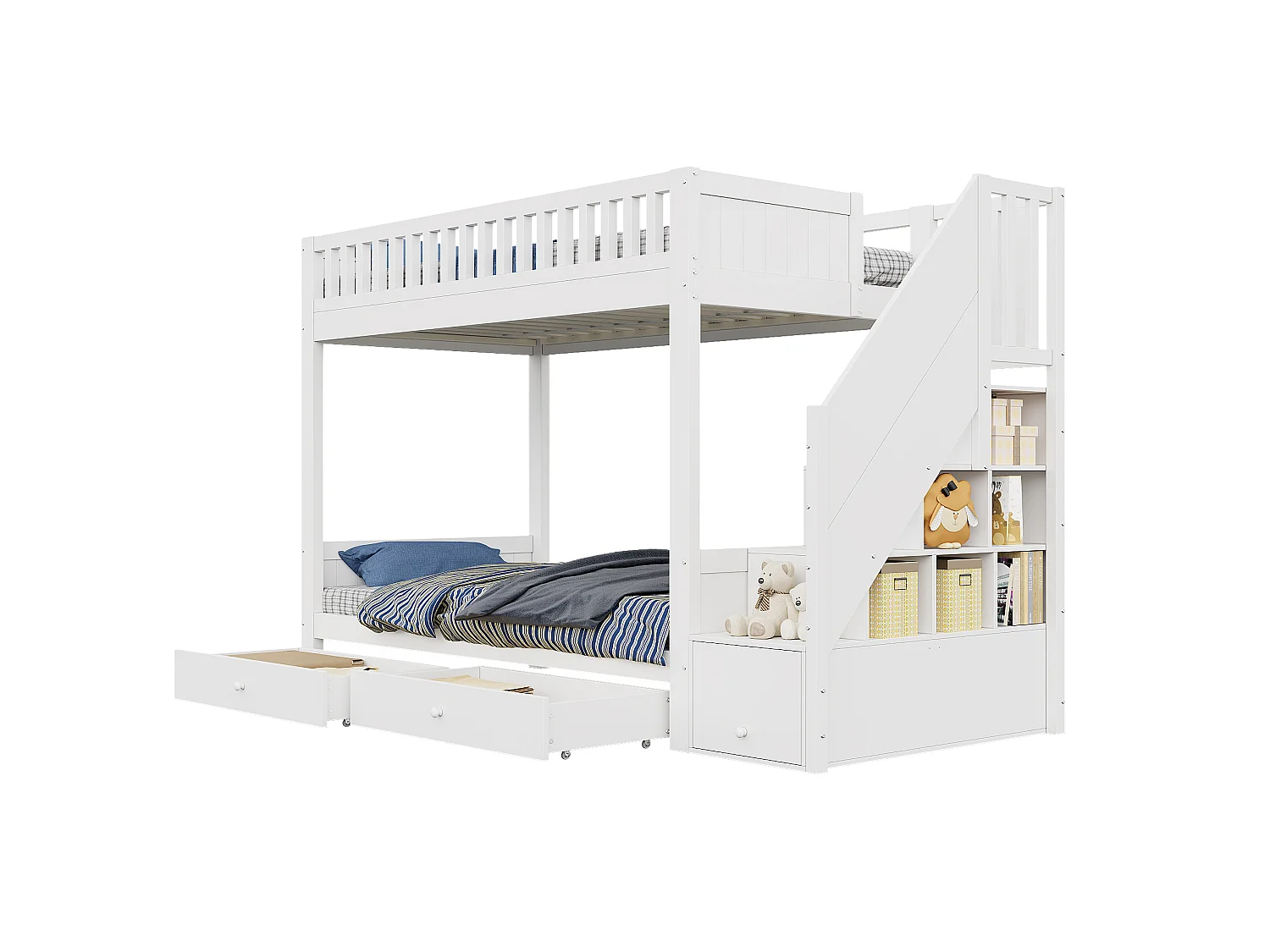 Kinder-Etagenbett 90x200 cm aus weißem Holz mit Stauraumtreppe, 2 Schubladen und Sicherheitsleisten, ohne Matratze