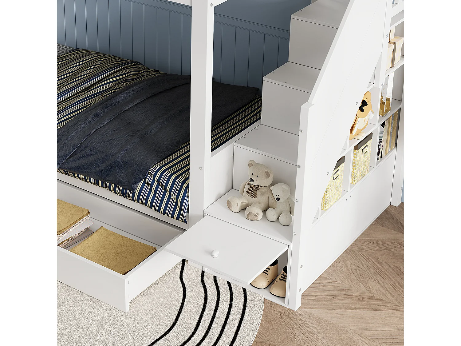 Kinder-Etagenbett 90x200 cm aus weißem Holz mit Stauraumtreppe, 2 Schubladen und Sicherheitsleisten, ohne Matratze
