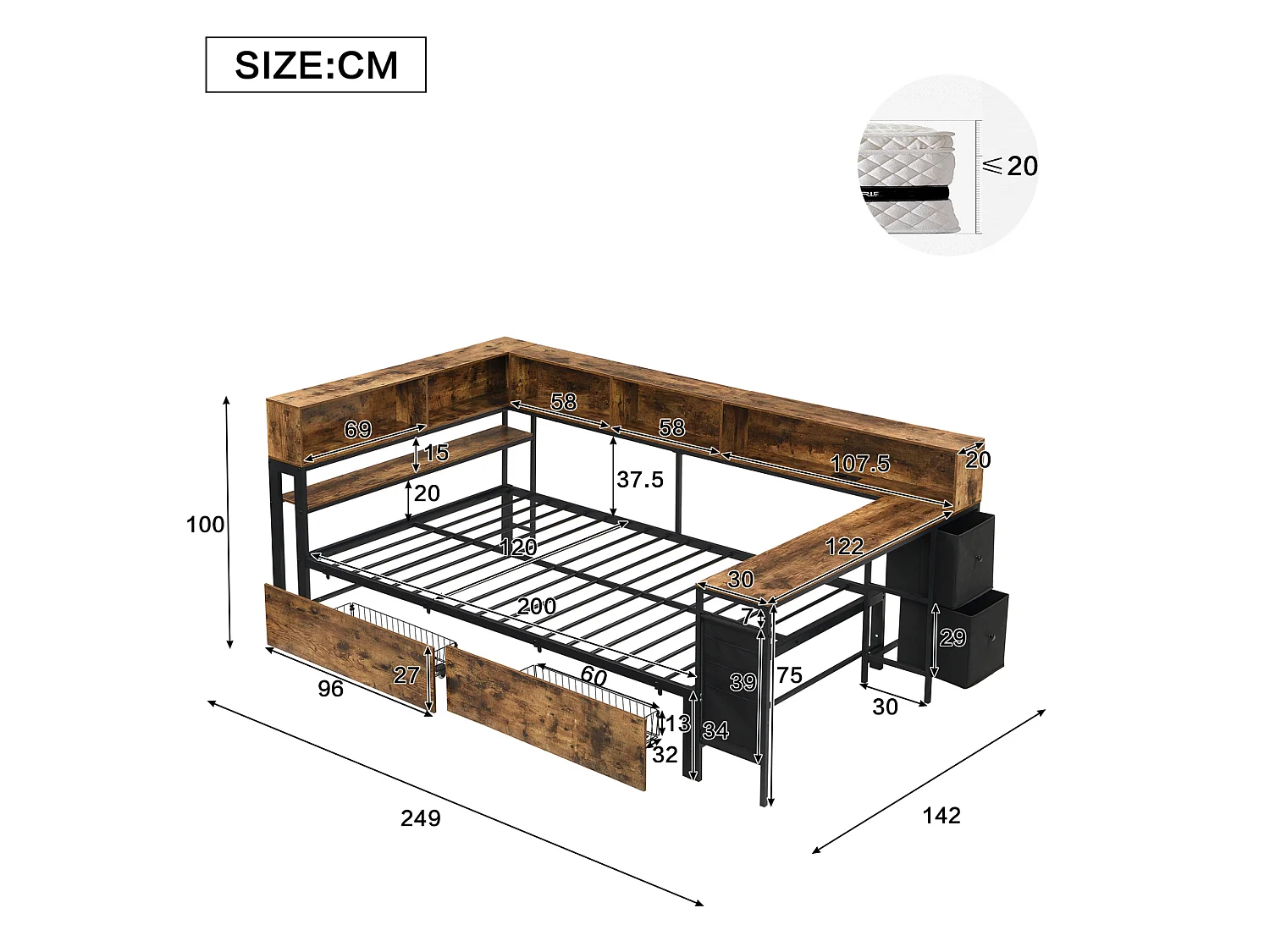 Einzelbett 120x200 cm aus Metall und schwarzem Naturholz mit 2 Schubladen, Stauraum, Ladeanschluss und Seitentisch, ohne Matratze