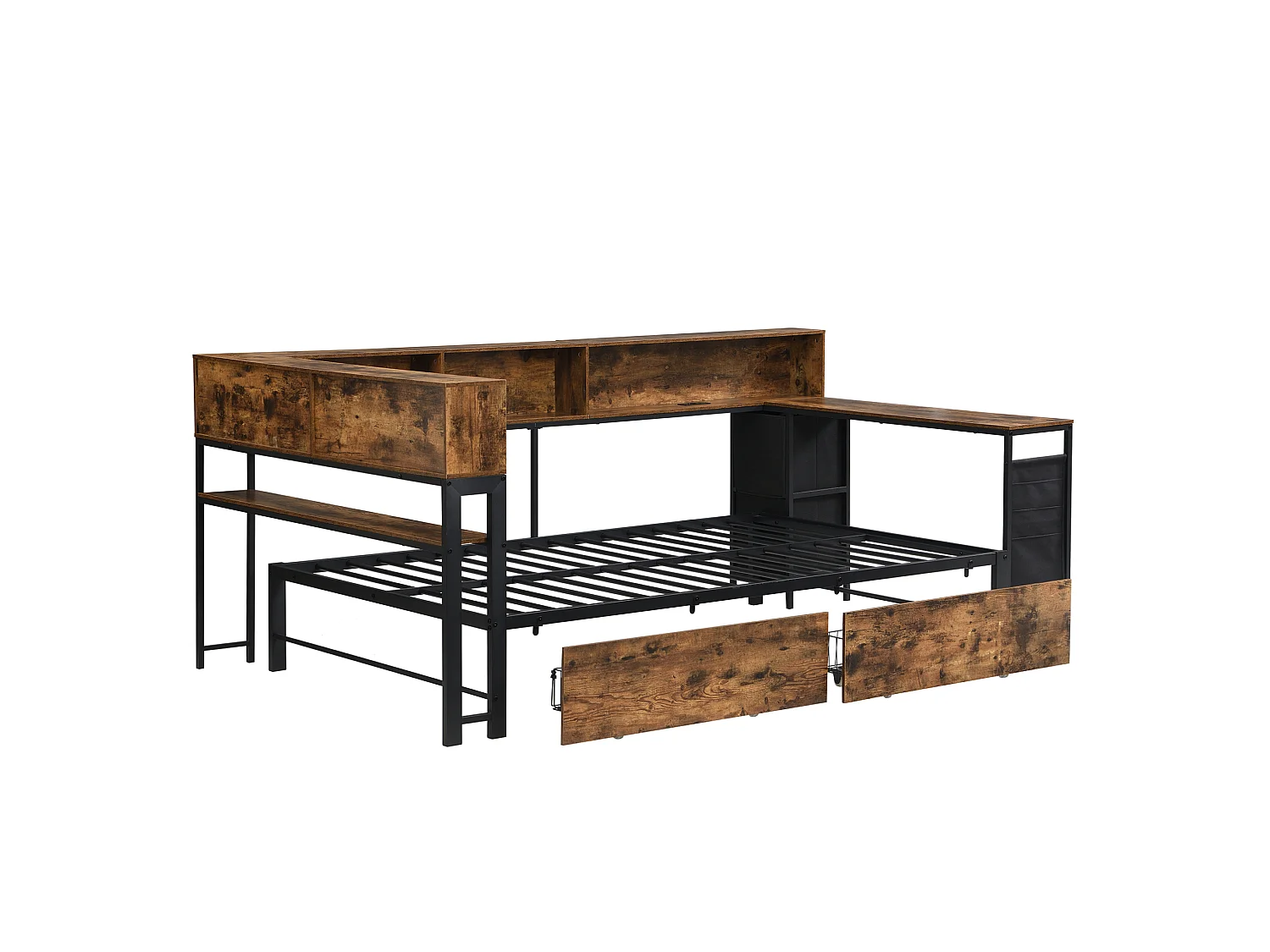Einzelbett 120x200 cm aus Metall und schwarzem Naturholz mit 2 Schubladen, Stauraum, Ladeanschluss und Seitentisch, ohne Matratze