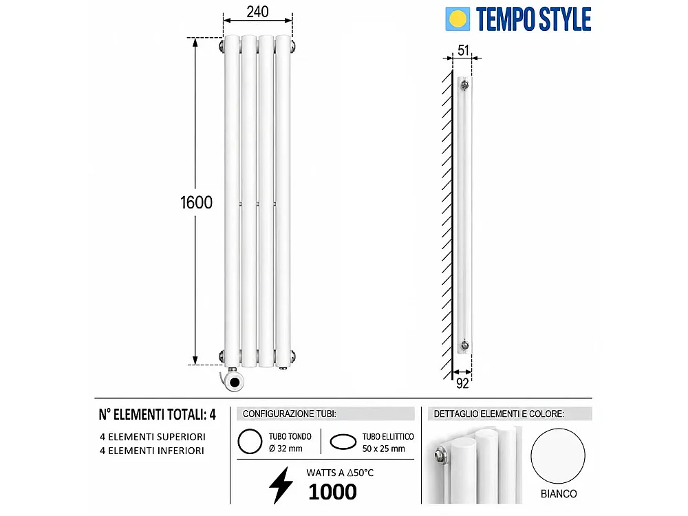 Tempo Style - Radiateur électrique vertical 1600x240 mm, 1000 W | Radiateur décoratif à 4+4 éléments - Blanc