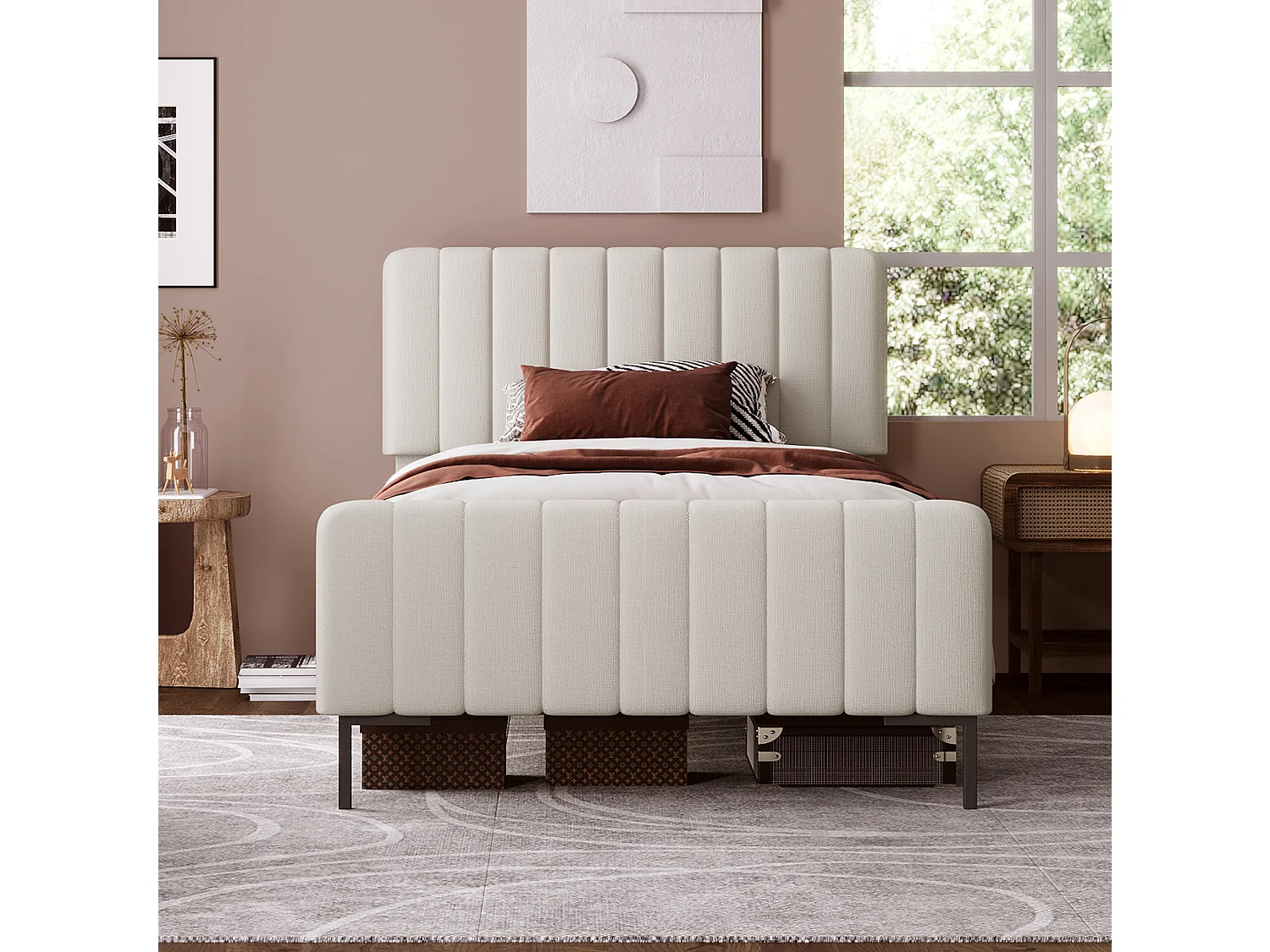 Lit adulte 90x190 cm en lin beige grisé clair avec tête de lit réglable et sommier à lattes, sans matelas