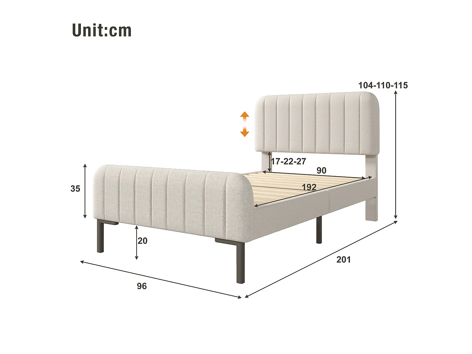 Lit adulte 90x190 cm en lin beige grisé clair avec tête de lit réglable et sommier à lattes, sans matelas