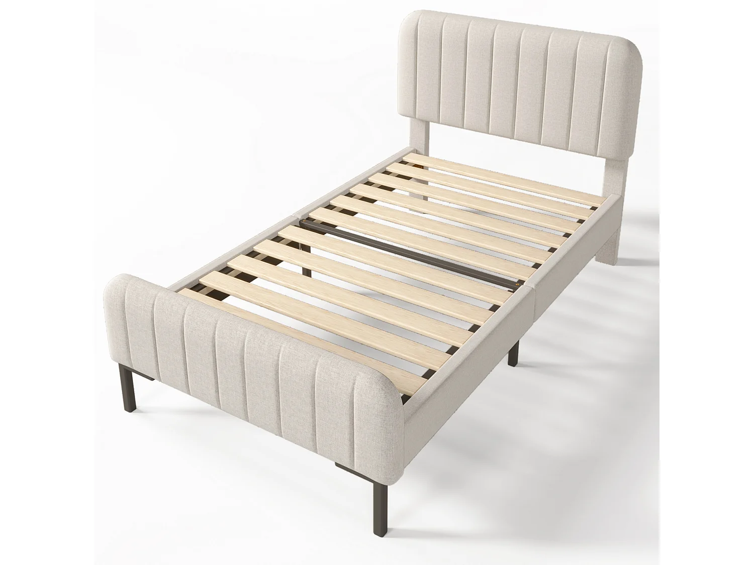 Lit adulte 90x190 cm en lin beige grisé clair avec tête de lit réglable et sommier à lattes, sans matelas