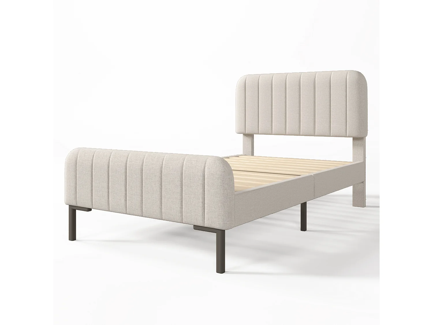 Lit adulte 90x190 cm en lin beige grisé clair avec tête de lit réglable et sommier à lattes, sans matelas