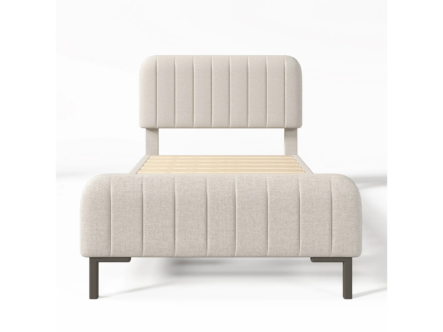Lit adulte 90x190 cm en lin beige grisé clair avec tête de lit réglable et sommier à lattes, sans matelas