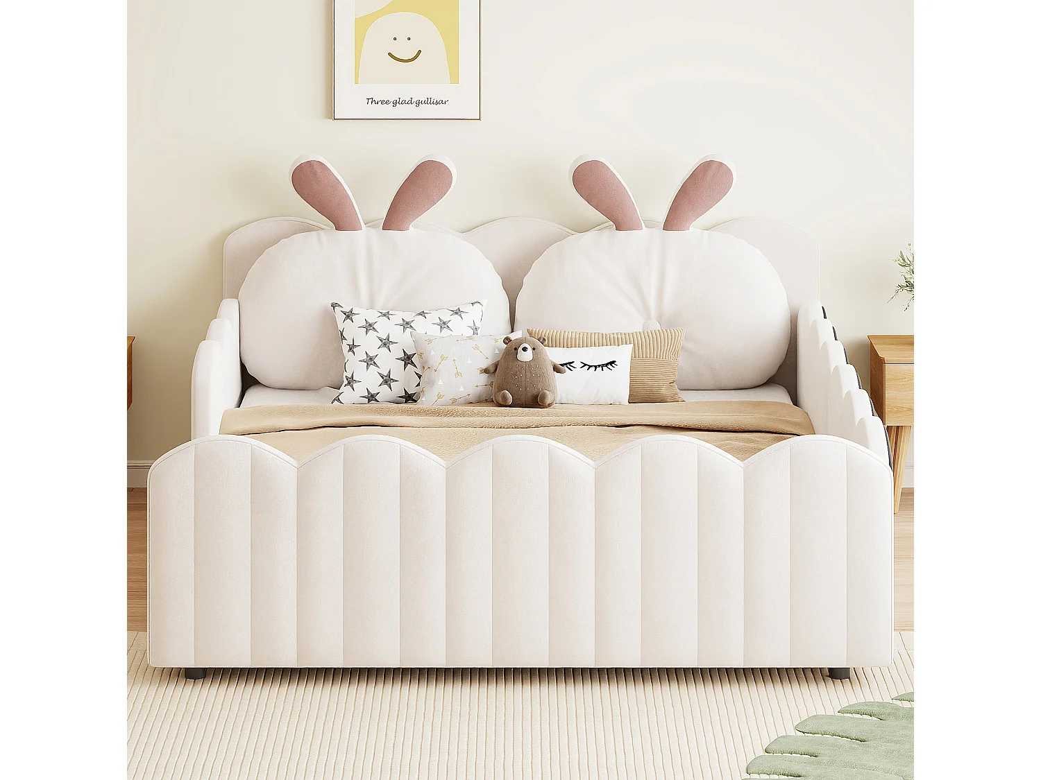 Erwachsenenbett 140x200 cm beige Samt, Kopfteil mit Hasenkissen und Schutzleisten, ohne Matratze