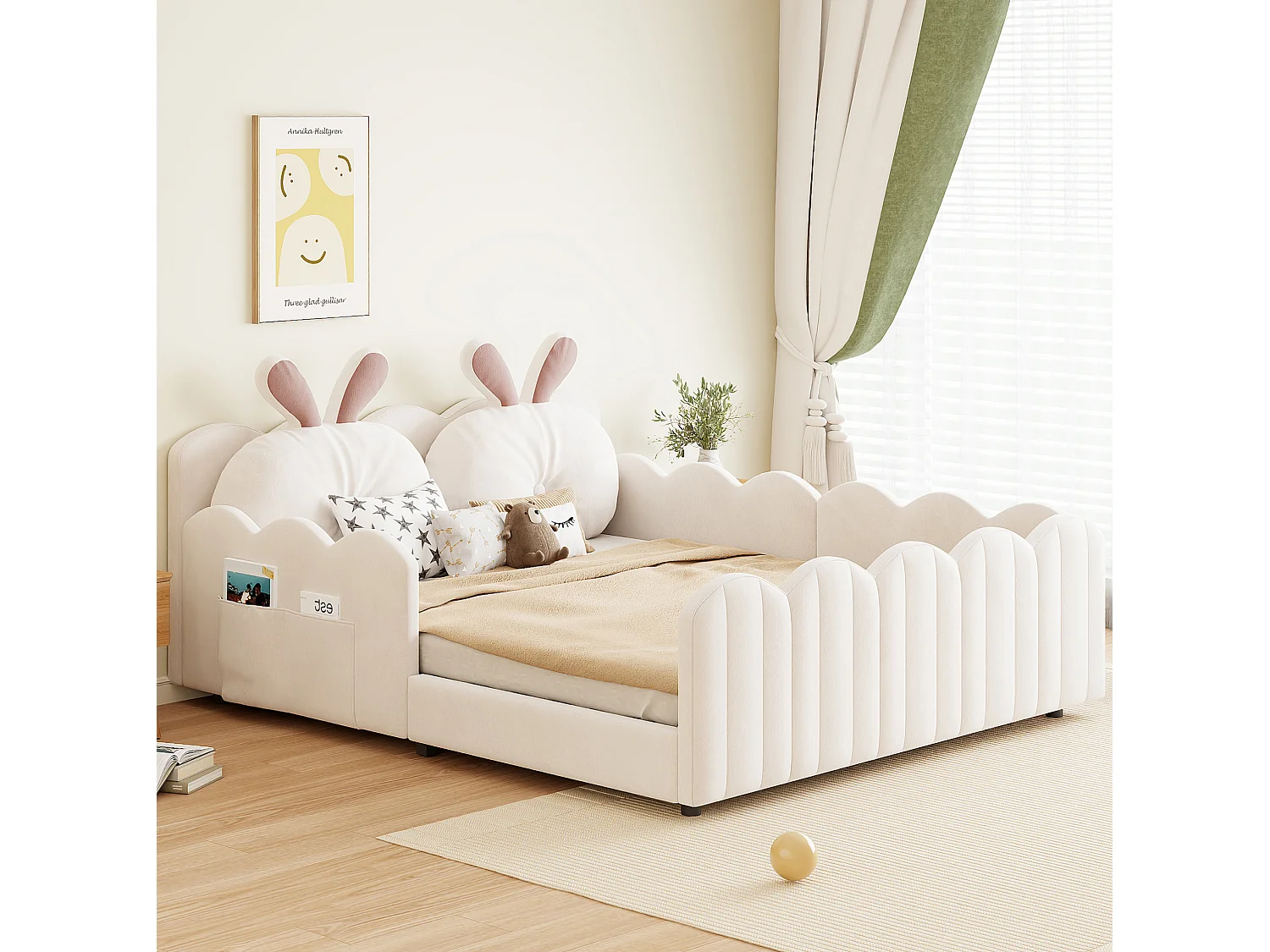 Erwachsenenbett 140x200 cm beige Samt, Kopfteil mit Hasenkissen und Schutzleisten, ohne Matratze
