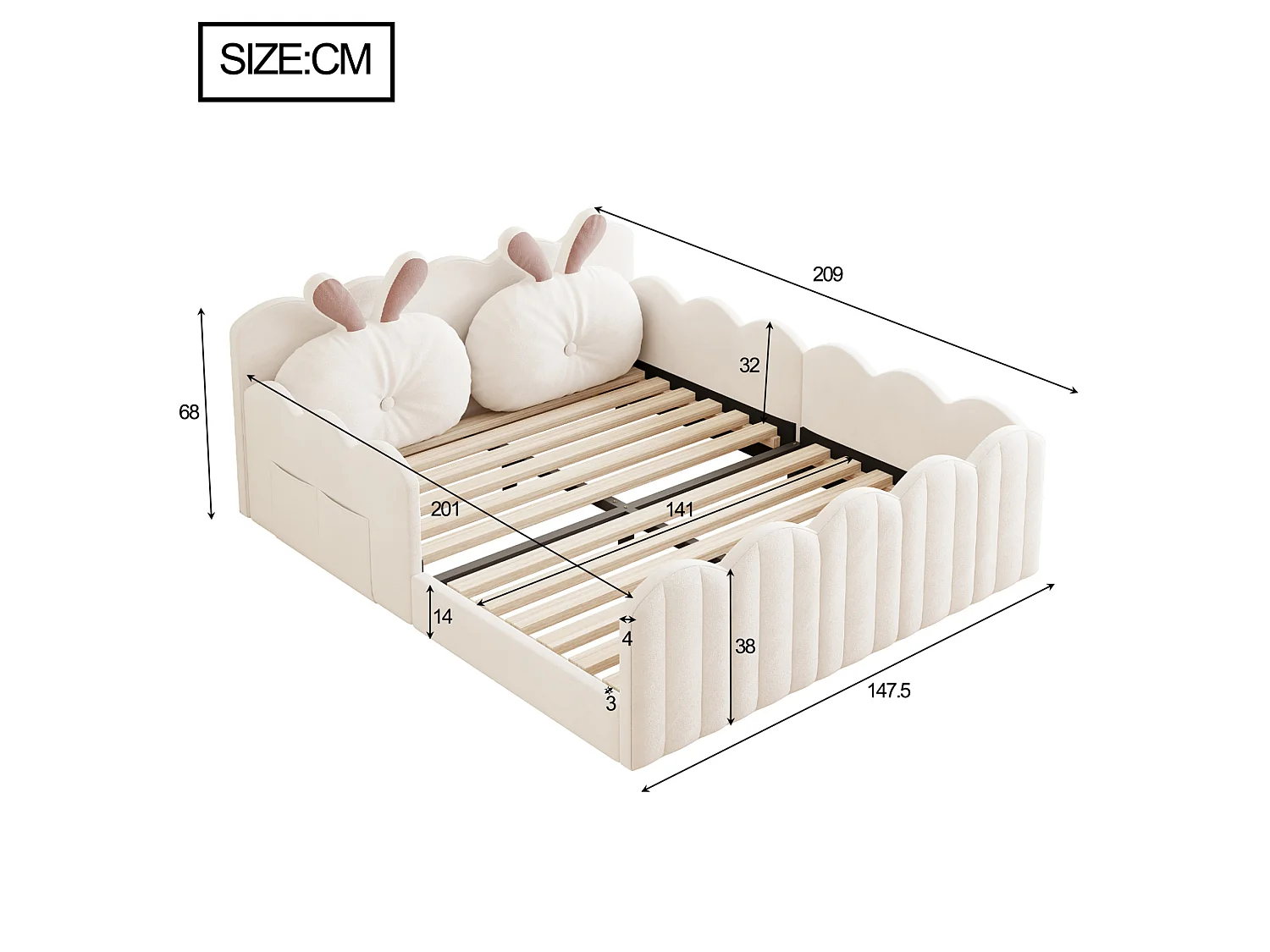 Erwachsenenbett 140x200 cm beige Samt, Kopfteil mit Hasenkissen und Schutzleisten, ohne Matratze