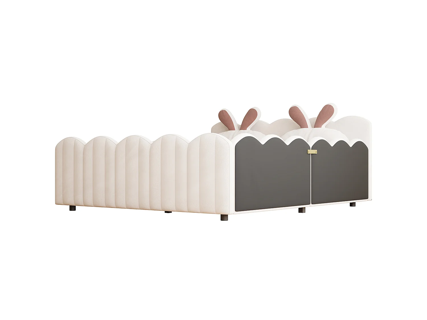 Erwachsenenbett 140x200 cm beige Samt, Kopfteil mit Hasenkissen und Schutzleisten, ohne Matratze