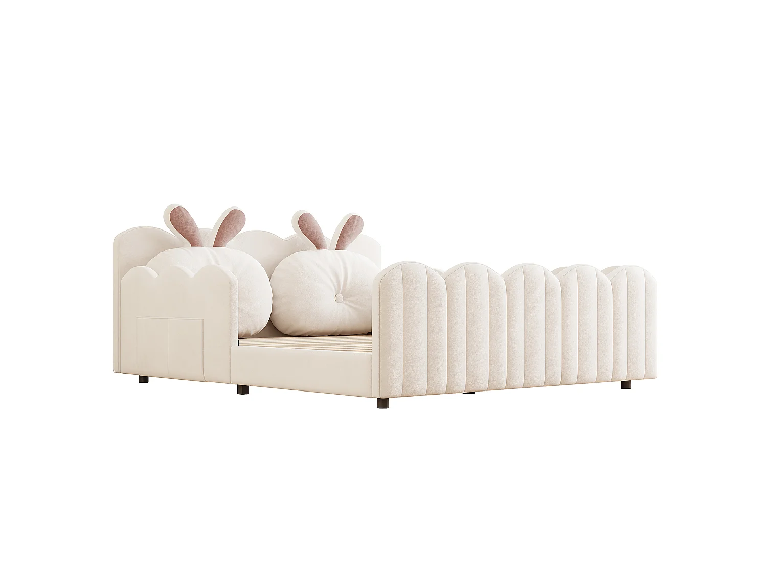 Erwachsenenbett 140x200 cm beige Samt, Kopfteil mit Hasenkissen und Schutzleisten, ohne Matratze