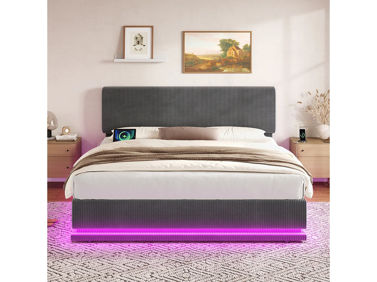 Bettkastenbett 160x200 cm aus dunkelgrauem Kordvelours, verstellbares Kopfteil mit LED und USB-C-Anschluss, ohne Matratze