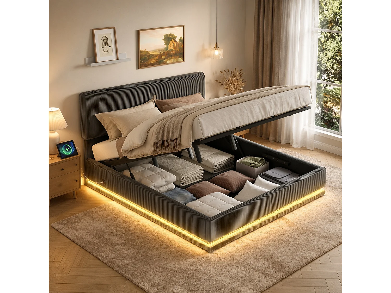 Bettkastenbett 160x200 cm aus dunkelgrauem Kordvelours, verstellbares Kopfteil mit LED und USB-C-Anschluss, ohne Matratze