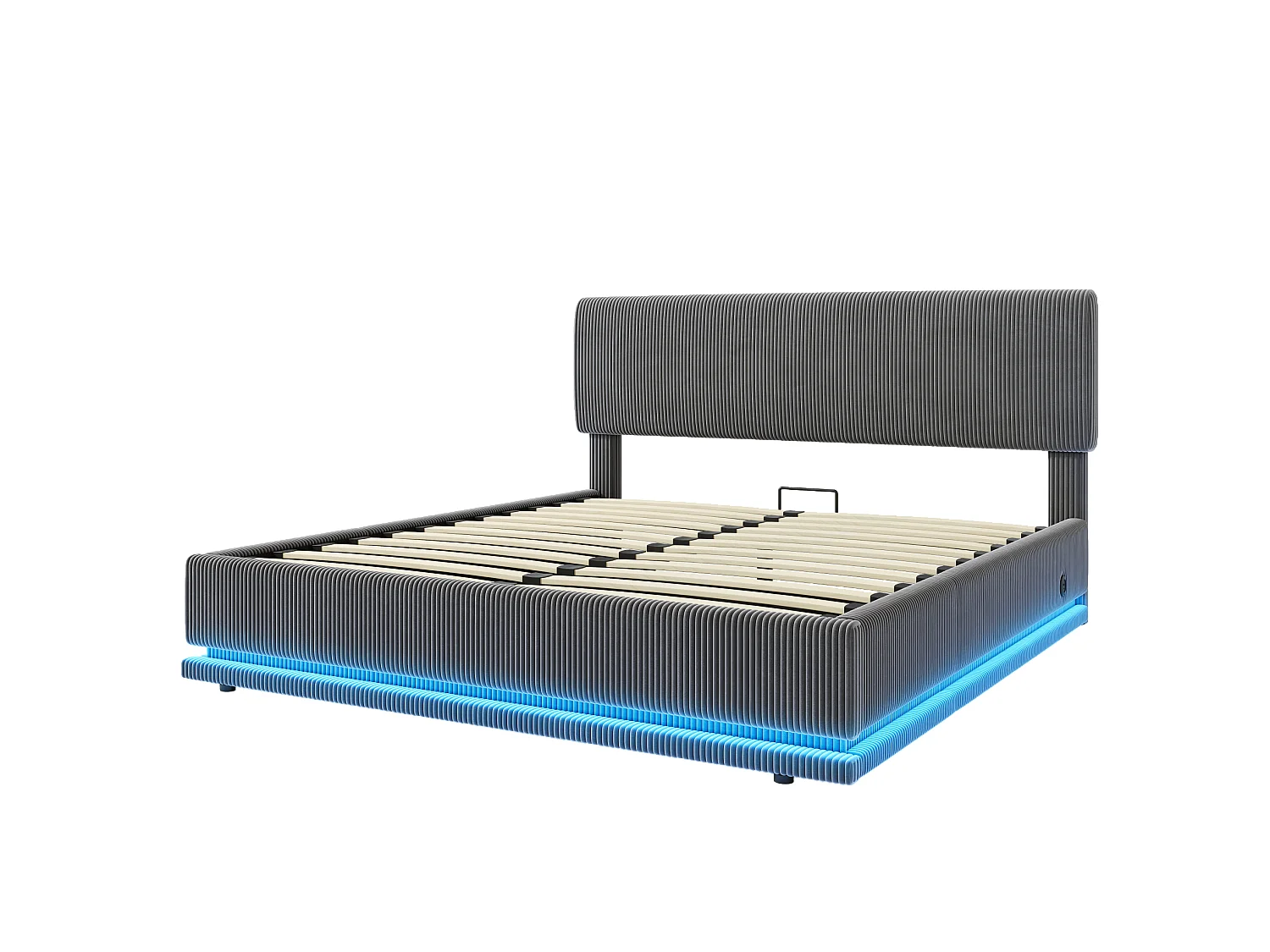 Bettkastenbett 160x200 cm aus dunkelgrauem Kordvelours, verstellbares Kopfteil mit LED und USB-C-Anschluss, ohne Matratze