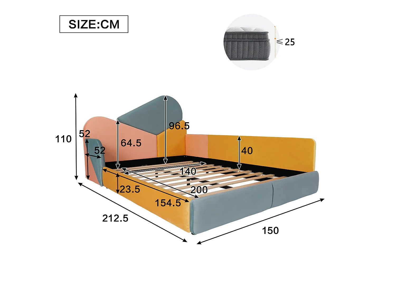 Kinderbett 140x200 cm aus mehrfarbigem Samt, Kopfteil und seitliche Schutzleisten, ohne Matratze