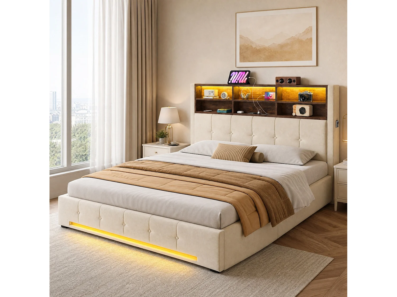 Bettkastenbett 160x200 cm aus beigem Velours, LED-Kopfteil mit USB-C-Anschluss und 6 Aufbewahrungsfächern, ohne Matratze
