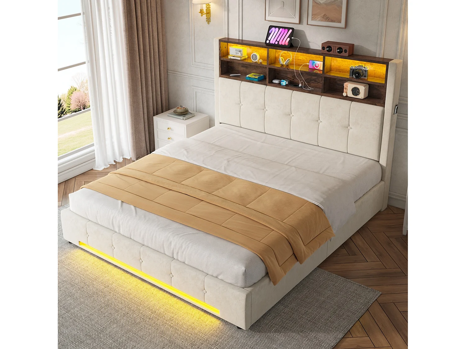 Bettkastenbett 160x200 cm aus beigem Velours, LED-Kopfteil mit USB-C-Anschluss und 6 Aufbewahrungsfächern, ohne Matratze