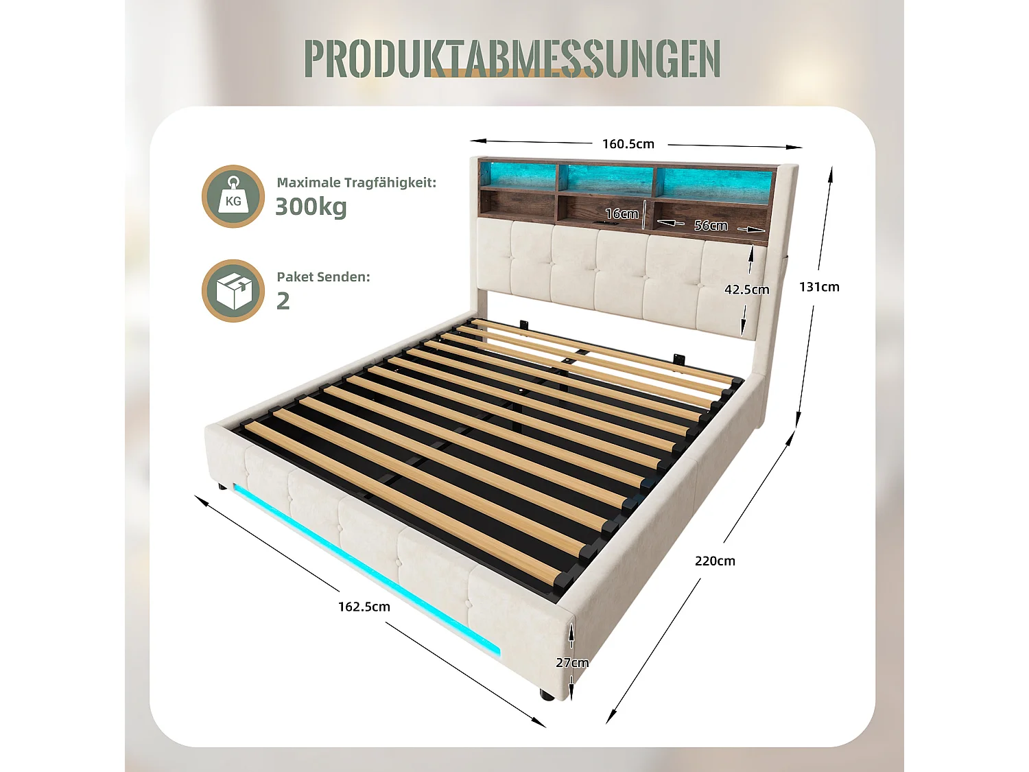 Bettkastenbett 160x200 cm aus beigem Velours, LED-Kopfteil mit USB-C-Anschluss und 6 Aufbewahrungsfächern, ohne Matratze