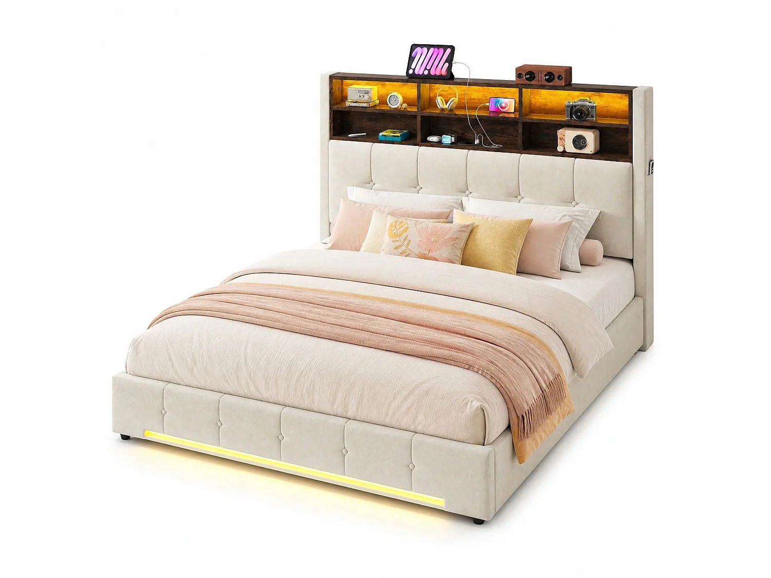 Bettkastenbett 160x200 cm aus beigem Velours, LED-Kopfteil mit USB-C-Anschluss und 6 Aufbewahrungsfächern, ohne Matratze
