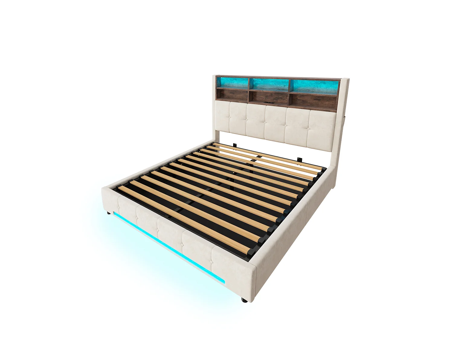 Bettkastenbett 160x200 cm aus beigem Velours, LED-Kopfteil mit USB-C-Anschluss und 6 Aufbewahrungsfächern, ohne Matratze
