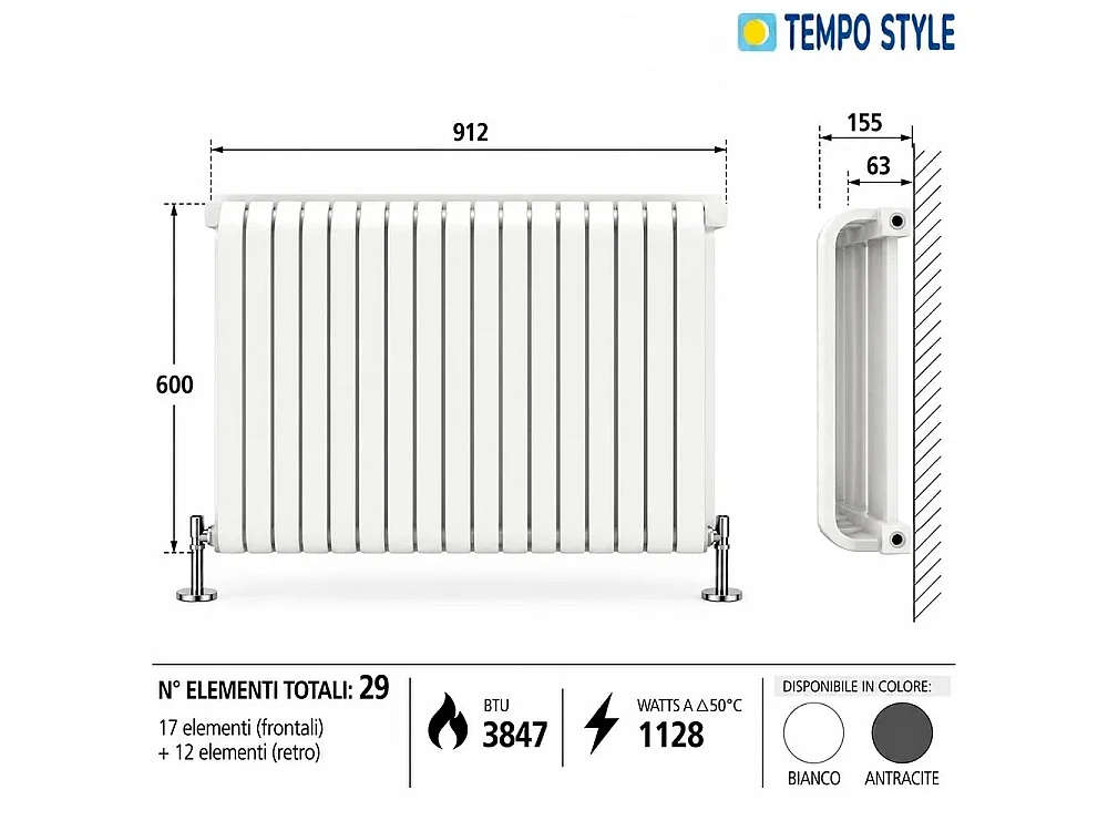 Tempo Style - Radiateur 600x912 mm | 1128 W | Radiateur décoratif 3847 BTU, 17+12 éléments - Blanc