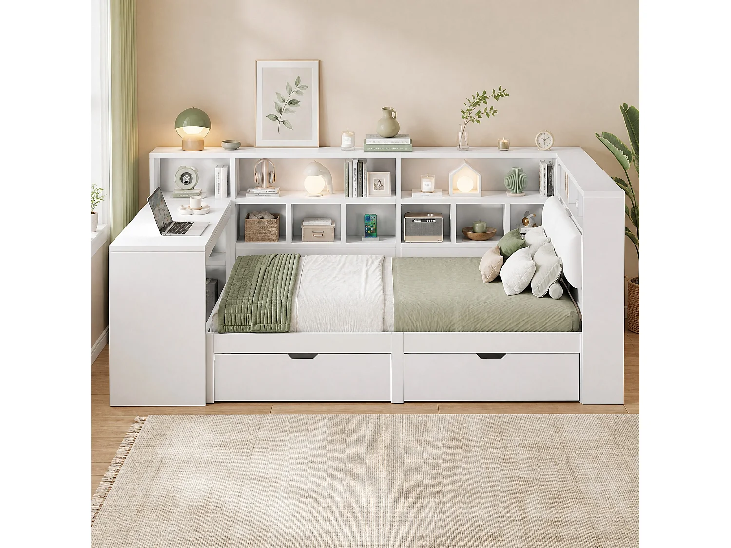 Erwachsenenbett 140x200 cm aus weißem MDF mit integriertem Schreibtisch, offenen Regalen, Schubladen, Kopfteil mit LED, ohne Matratze
