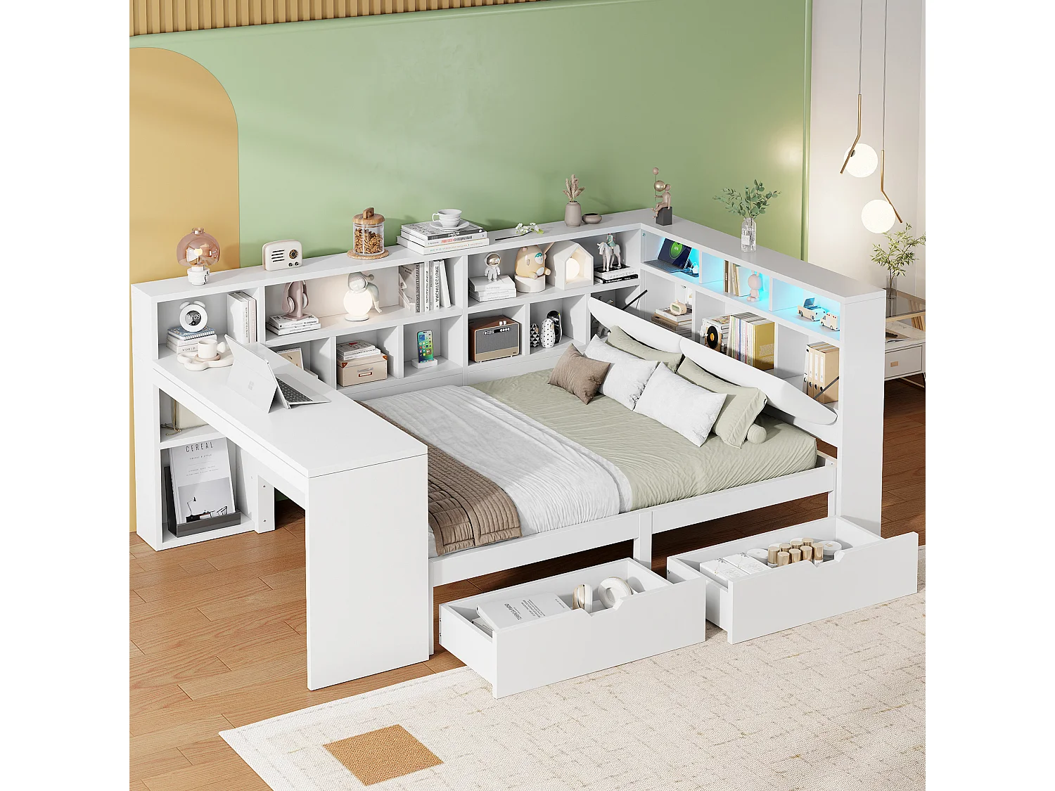 Erwachsenenbett 140x200 cm aus weißem MDF mit integriertem Schreibtisch, offenen Regalen, Schubladen, Kopfteil mit LED, ohne Matratze
