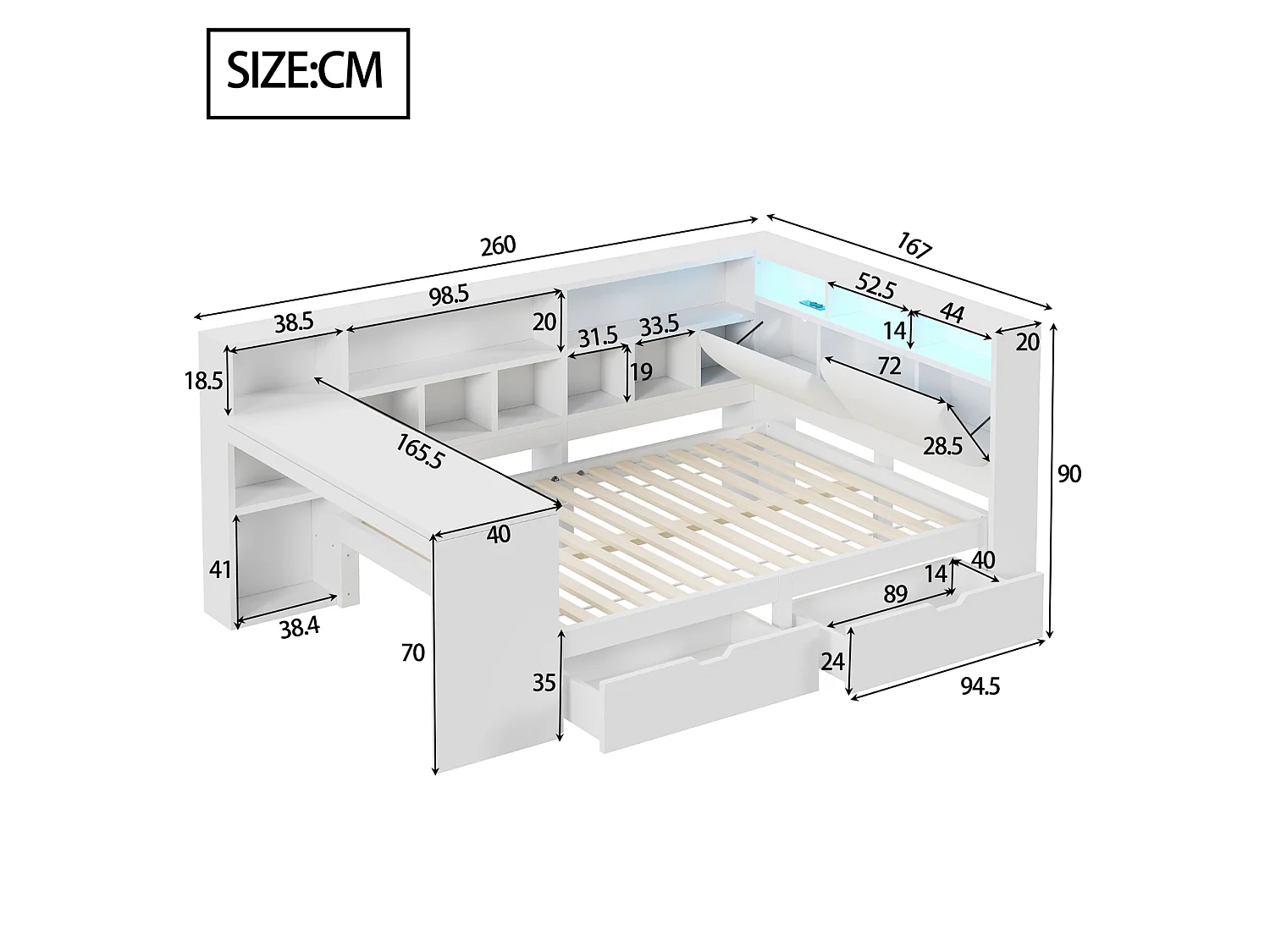 Erwachsenenbett 140x200 cm aus weißem MDF mit integriertem Schreibtisch, offenen Regalen, Schubladen, Kopfteil mit LED, ohne Matratze