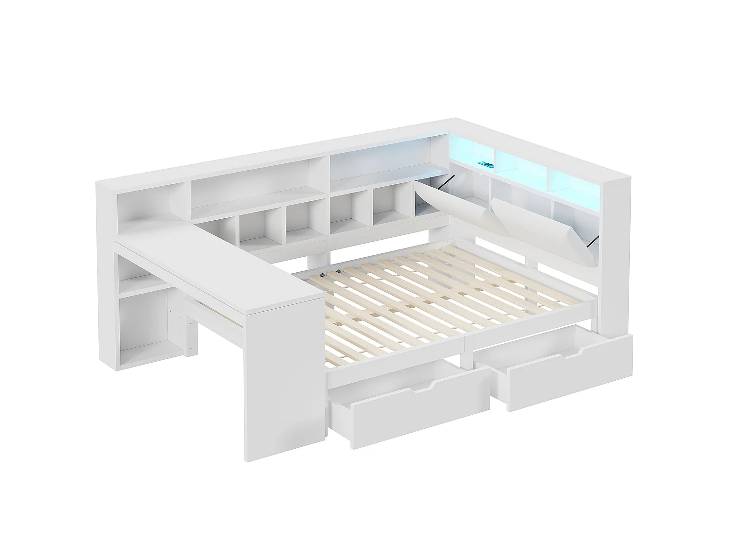 Erwachsenenbett 140x200 cm aus weißem MDF mit integriertem Schreibtisch, offenen Regalen, Schubladen, Kopfteil mit LED, ohne Matratze