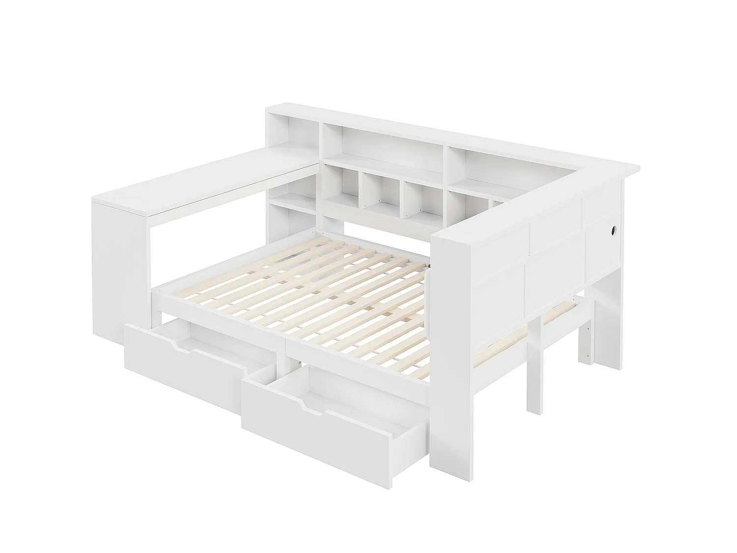Erwachsenenbett 140x200 cm aus weißem MDF mit integriertem Schreibtisch, offenen Regalen, Schubladen, Kopfteil mit LED, ohne Matratze