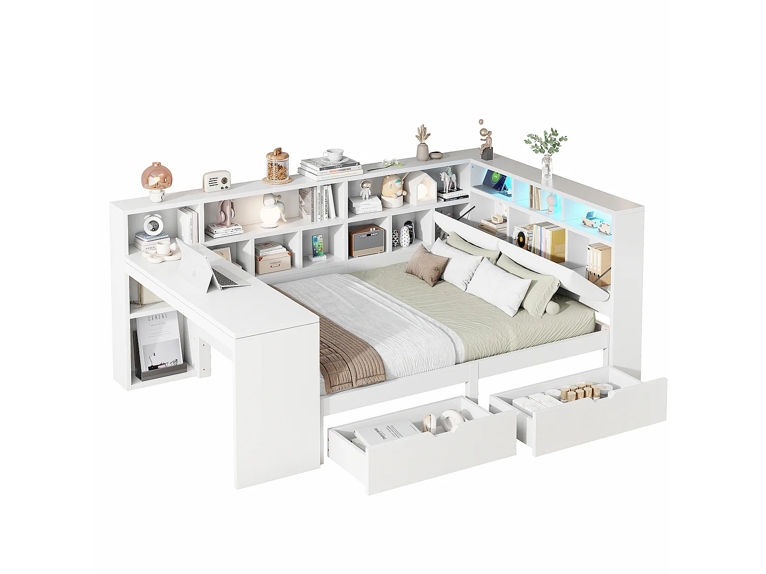 Erwachsenenbett 140x200 cm aus weißem MDF mit integriertem Schreibtisch, offenen Regalen, Schubladen, Kopfteil mit LED, ohne Matratze