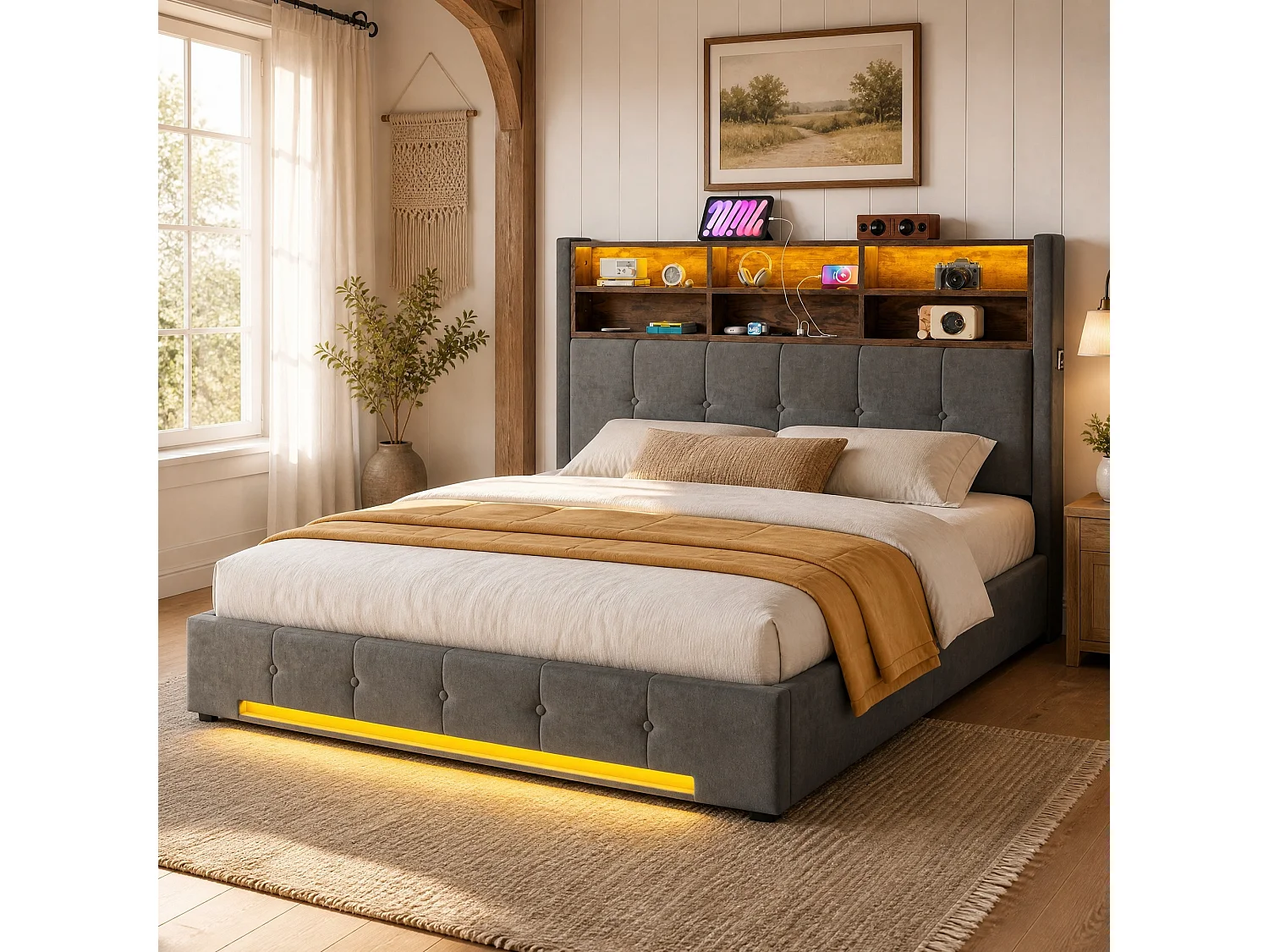 Bettkastenbett 160x200 cm aus dunkelgrauem Velours, LED-Kopfteil mit USB-C-Anschluss und 6 Aufbewahrungsfächern, ohne Matratze