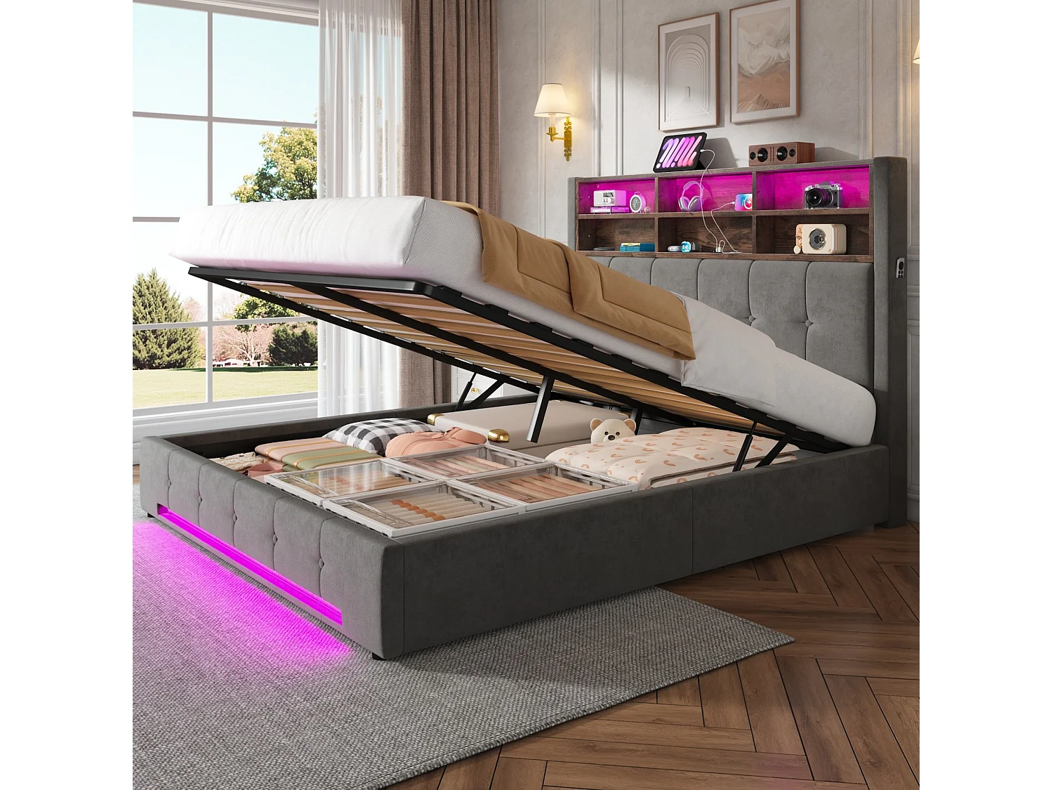 Bettkastenbett 160x200 cm aus dunkelgrauem Velours, LED-Kopfteil mit USB-C-Anschluss und 6 Aufbewahrungsfächern, ohne Matratze