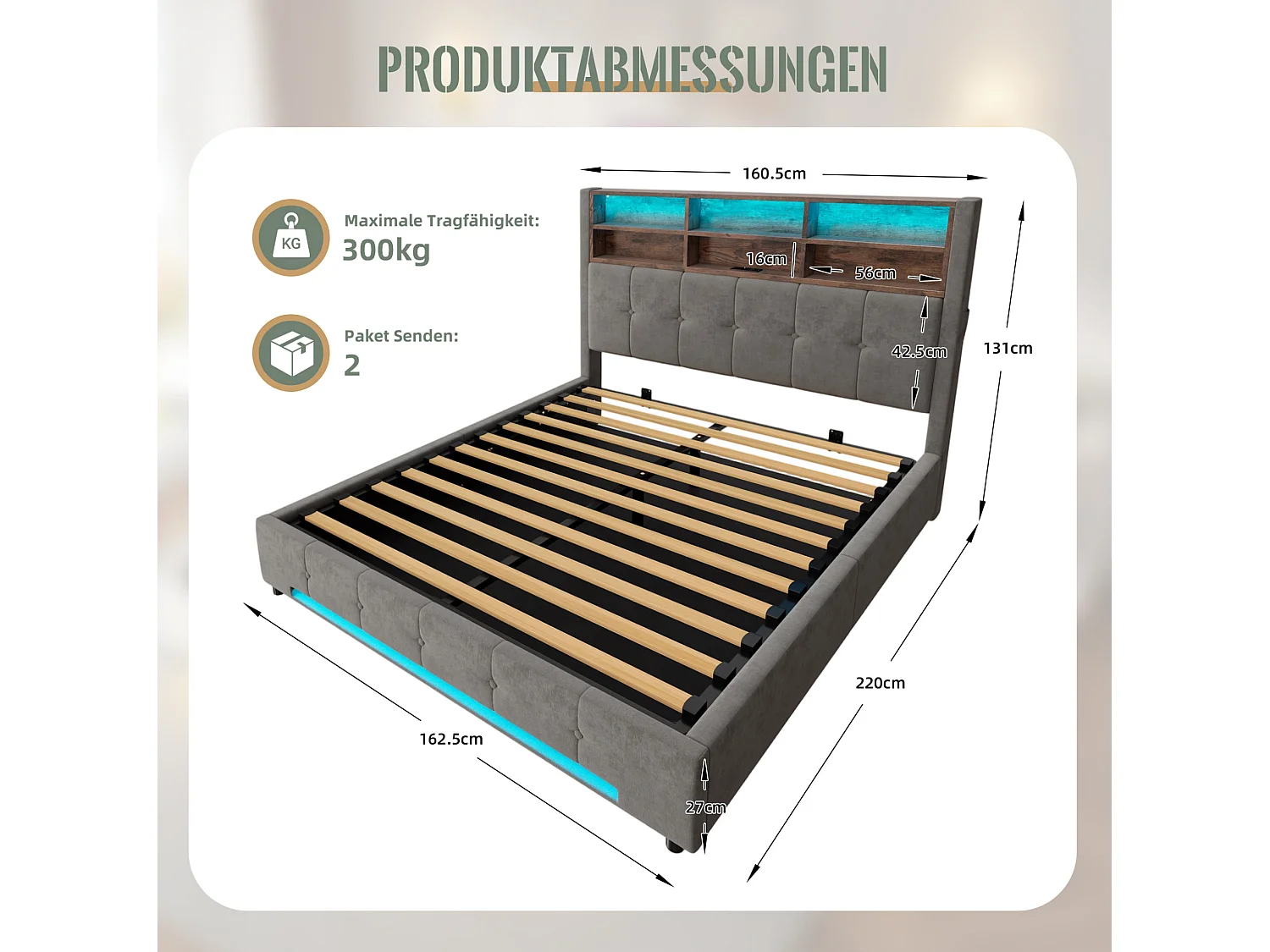 Bettkastenbett 160x200 cm aus dunkelgrauem Velours, LED-Kopfteil mit USB-C-Anschluss und 6 Aufbewahrungsfächern, ohne Matratze