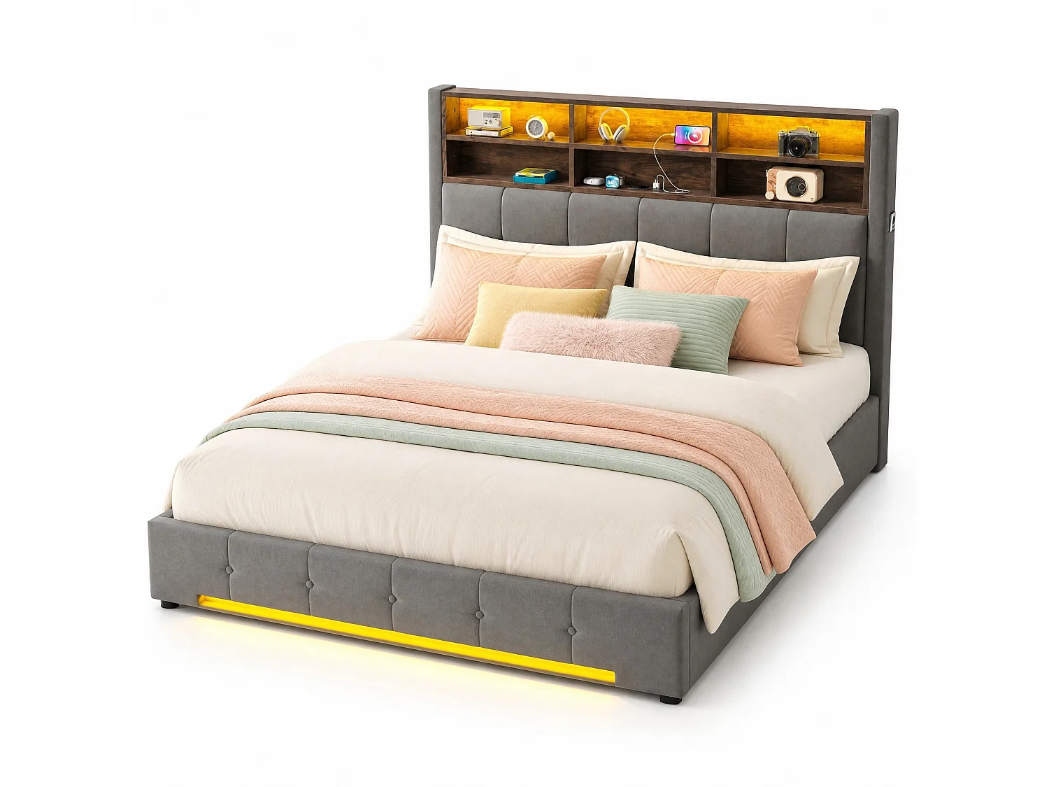 Bettkastenbett 160x200 cm aus dunkelgrauem Velours, LED-Kopfteil mit USB-C-Anschluss und 6 Aufbewahrungsfächern, ohne Matratze