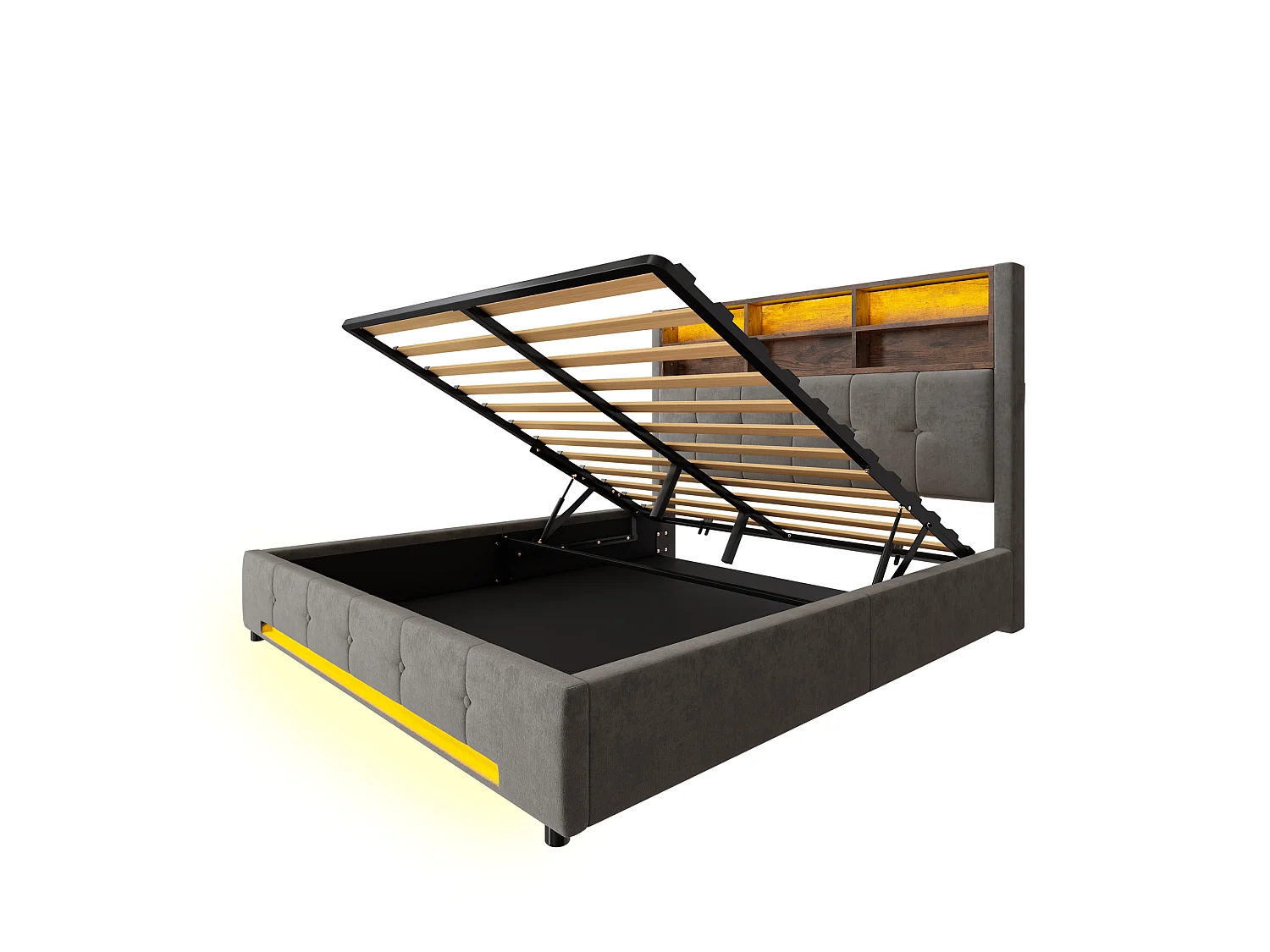 Bettkastenbett 160x200 cm aus dunkelgrauem Velours, LED-Kopfteil mit USB-C-Anschluss und 6 Aufbewahrungsfächern, ohne Matratze