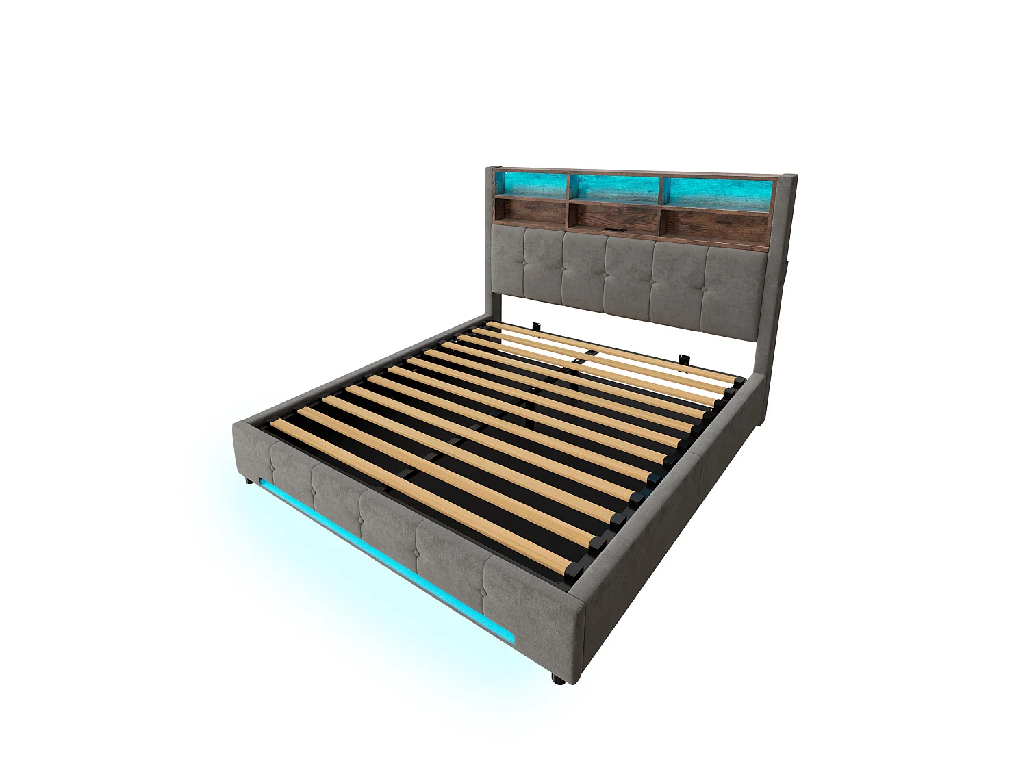 Bettkastenbett 160x200 cm aus dunkelgrauem Velours, LED-Kopfteil mit USB-C-Anschluss und 6 Aufbewahrungsfächern, ohne Matratze