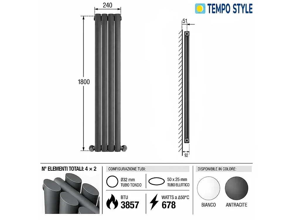 Tempo Style - Radiateur vertical 1800x240 mm | 678 W | Radiateur design 3857 BTU (4x2 éléments) - Anthracite