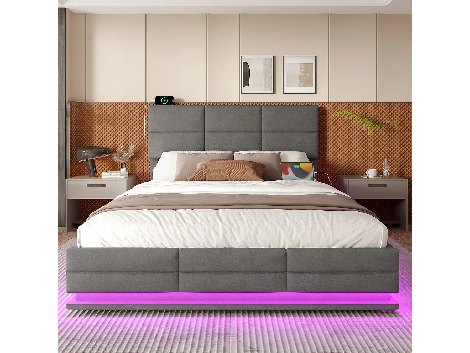 Lit coffre 180x200 cm en velours gris foncé, lit adulte avec tête de lit réglable, LED et ports USB, sans matelas