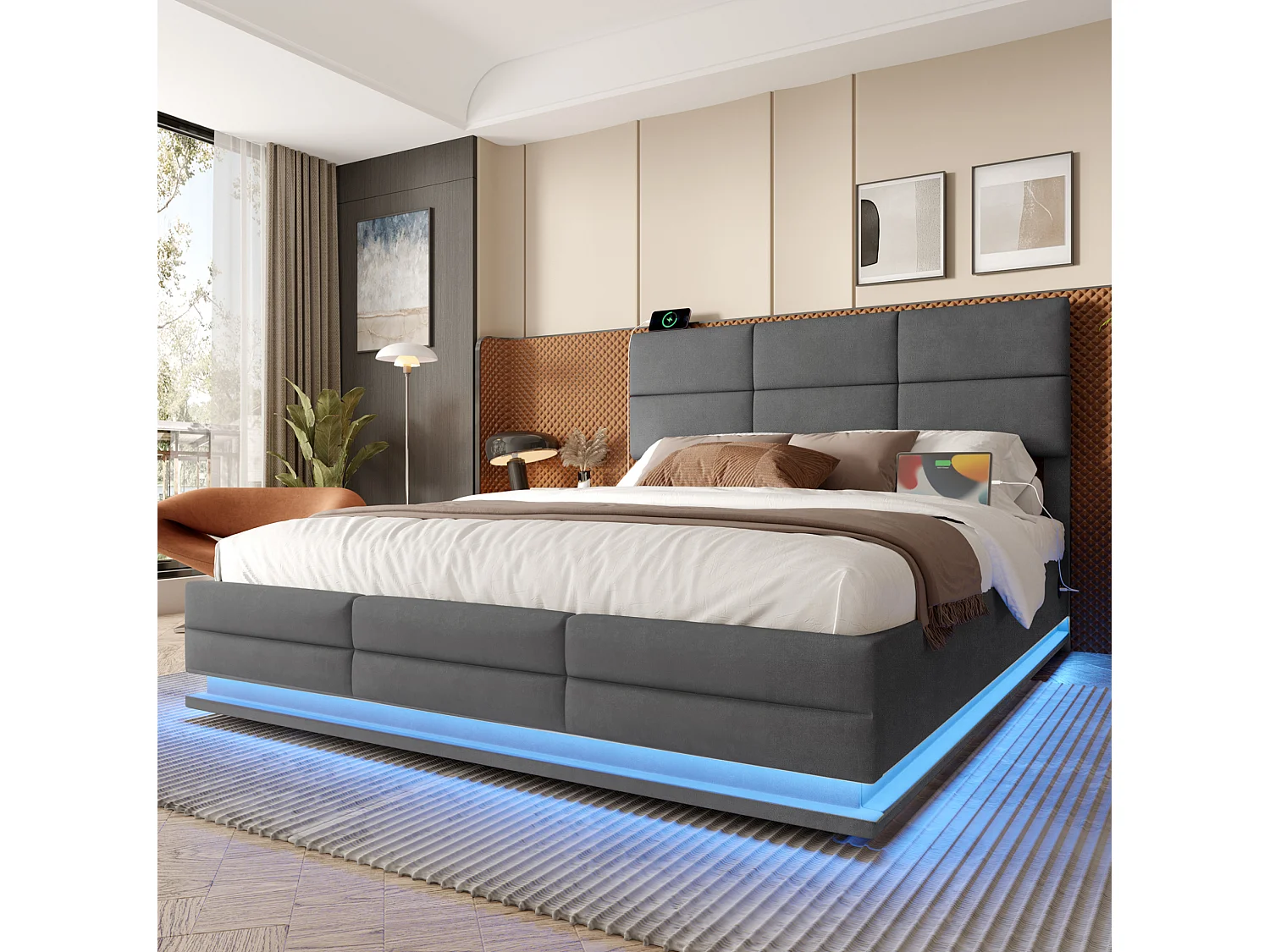 Lit coffre 180x200 cm en velours gris foncé, lit adulte avec tête de lit réglable, LED et ports USB, sans matelas