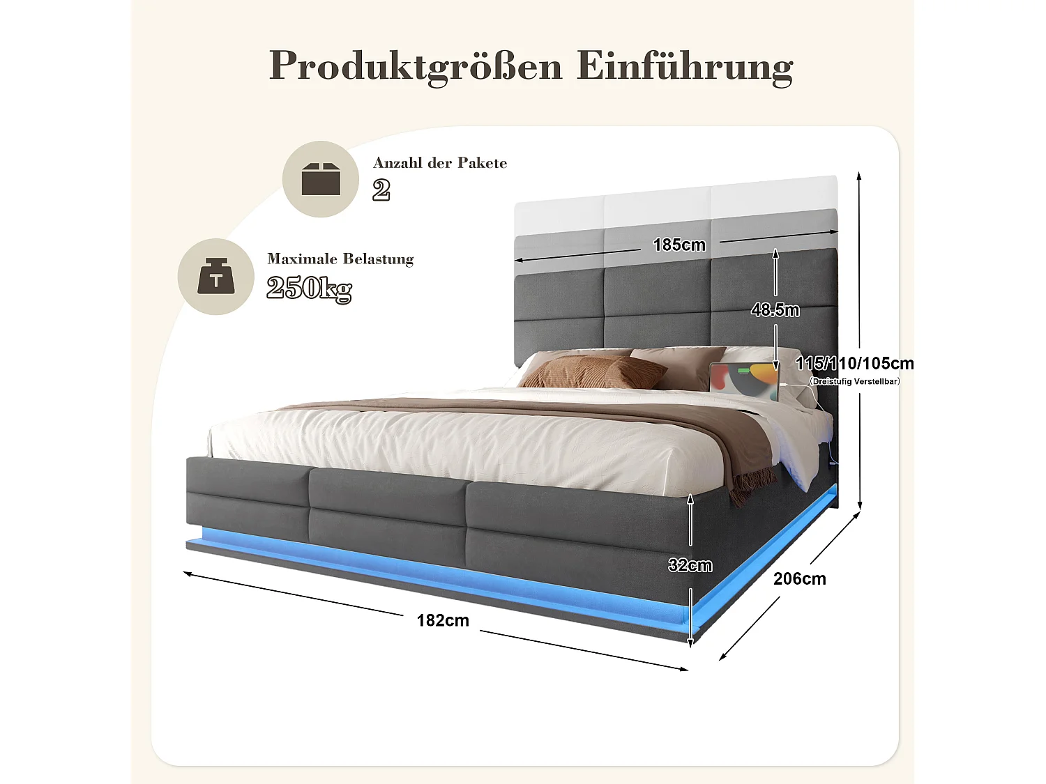 Lit coffre 180x200 cm en velours gris foncé, lit adulte avec tête de lit réglable, LED et ports USB, sans matelas