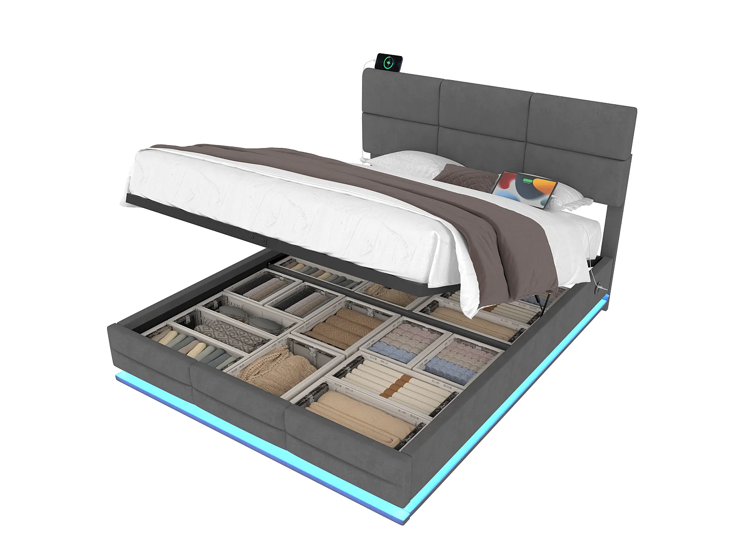 Lit coffre 180x200 cm en velours gris foncé, lit adulte avec tête de lit réglable, LED et ports USB, sans matelas