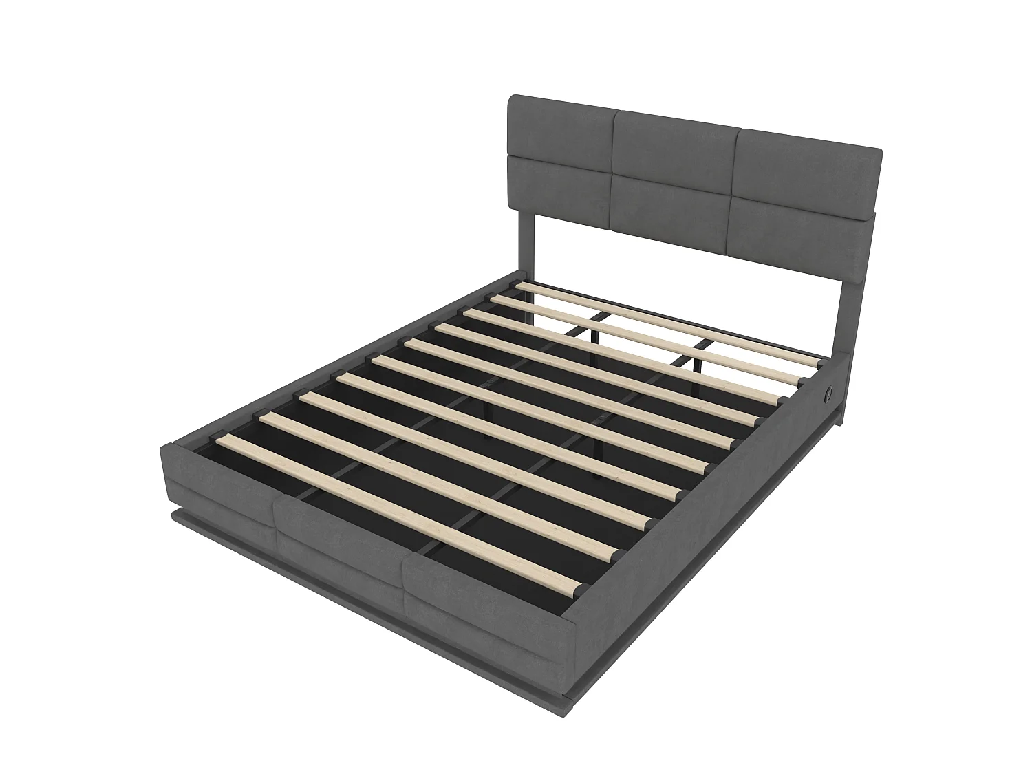 Lit coffre 180x200 cm en velours gris foncé, lit adulte avec tête de lit réglable, LED et ports USB, sans matelas