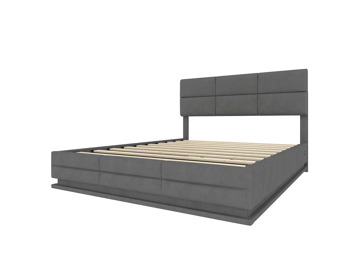 Lit coffre 180x200 cm en velours gris foncé, lit adulte avec tête de lit réglable, LED et ports USB, sans matelas