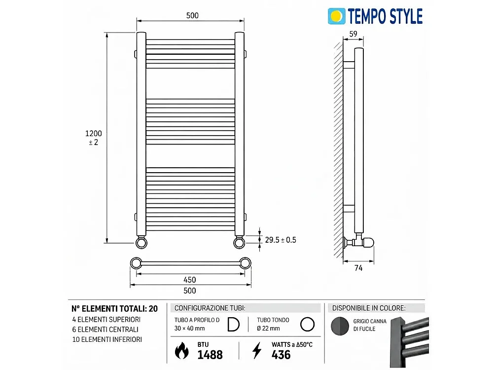 Tempo Style - Sèche-serviettes 1200x500 mm | 436 W | Radiateur décoratif 1488 BTU à 20 éléments (4+6+10) – Gris canon de fusil