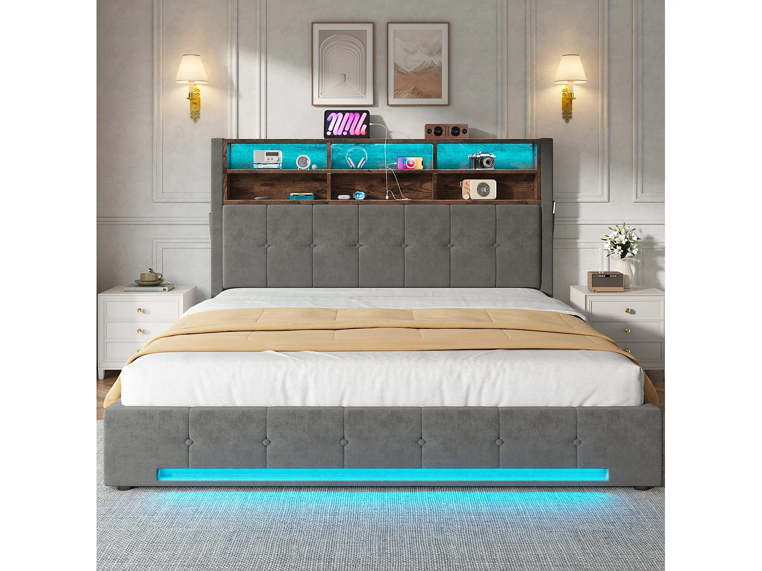 Lit coffre 180x200 cm en velours gris foncé, tête de lit LED avec port USB-C et 6 niches de rangement, sans matelas