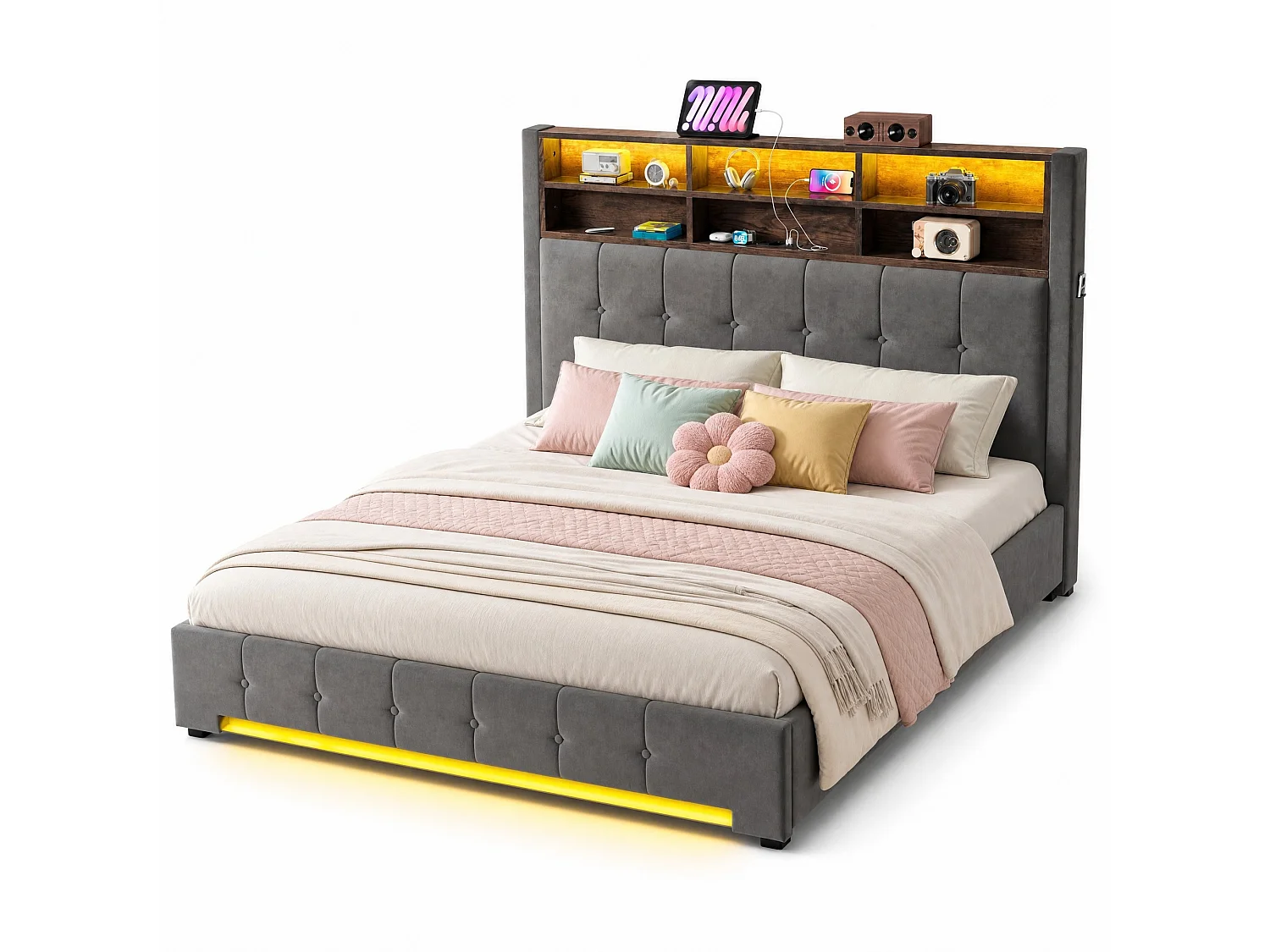 Lit coffre 180x200 cm en velours gris foncé, tête de lit LED avec port USB-C et 6 niches de rangement, sans matelas