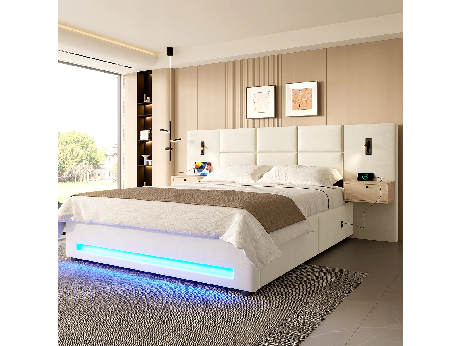 Opbergbed 160x200 cm van beige fluweel met nachtkastje, hoofdeinde met LED, USB- en USB-C-poorten, zonder matras
