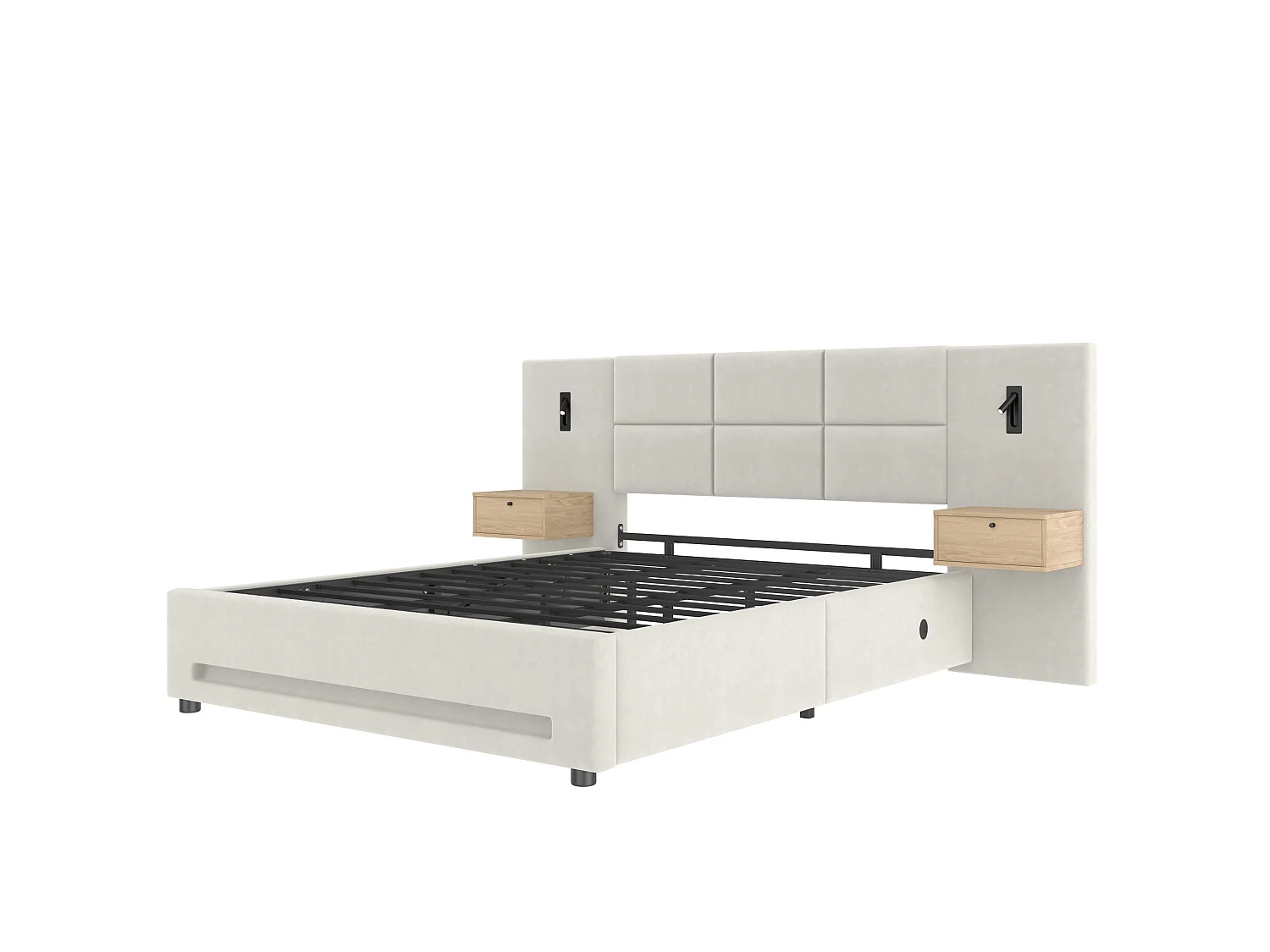 Opbergbed 160x200 cm van beige fluweel met nachtkastje, hoofdeinde met LED, USB- en USB-C-poorten, zonder matras