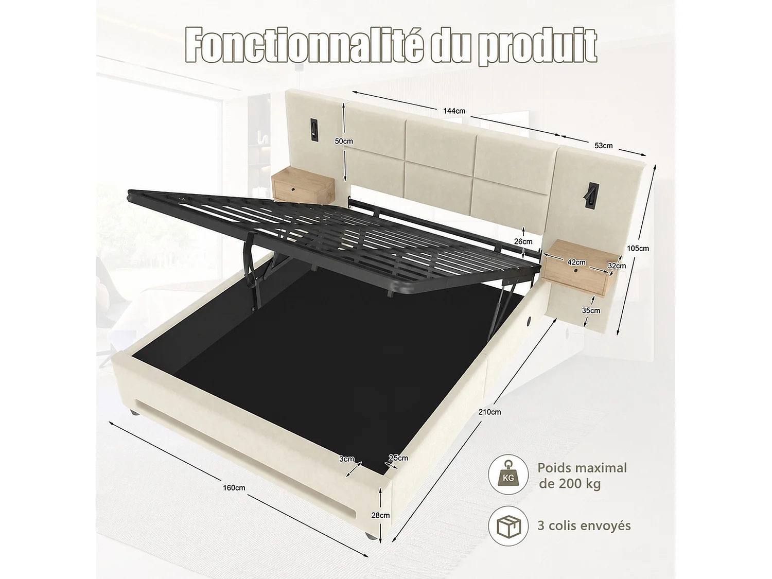 Opbergbed 160x200 cm van beige fluweel met nachtkastje, hoofdeinde met LED, USB- en USB-C-poorten, zonder matras